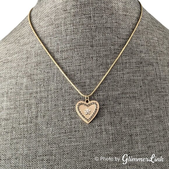 Heart Flower Crystals Gold Tone Pendant Necklace - Picture 1 of 9